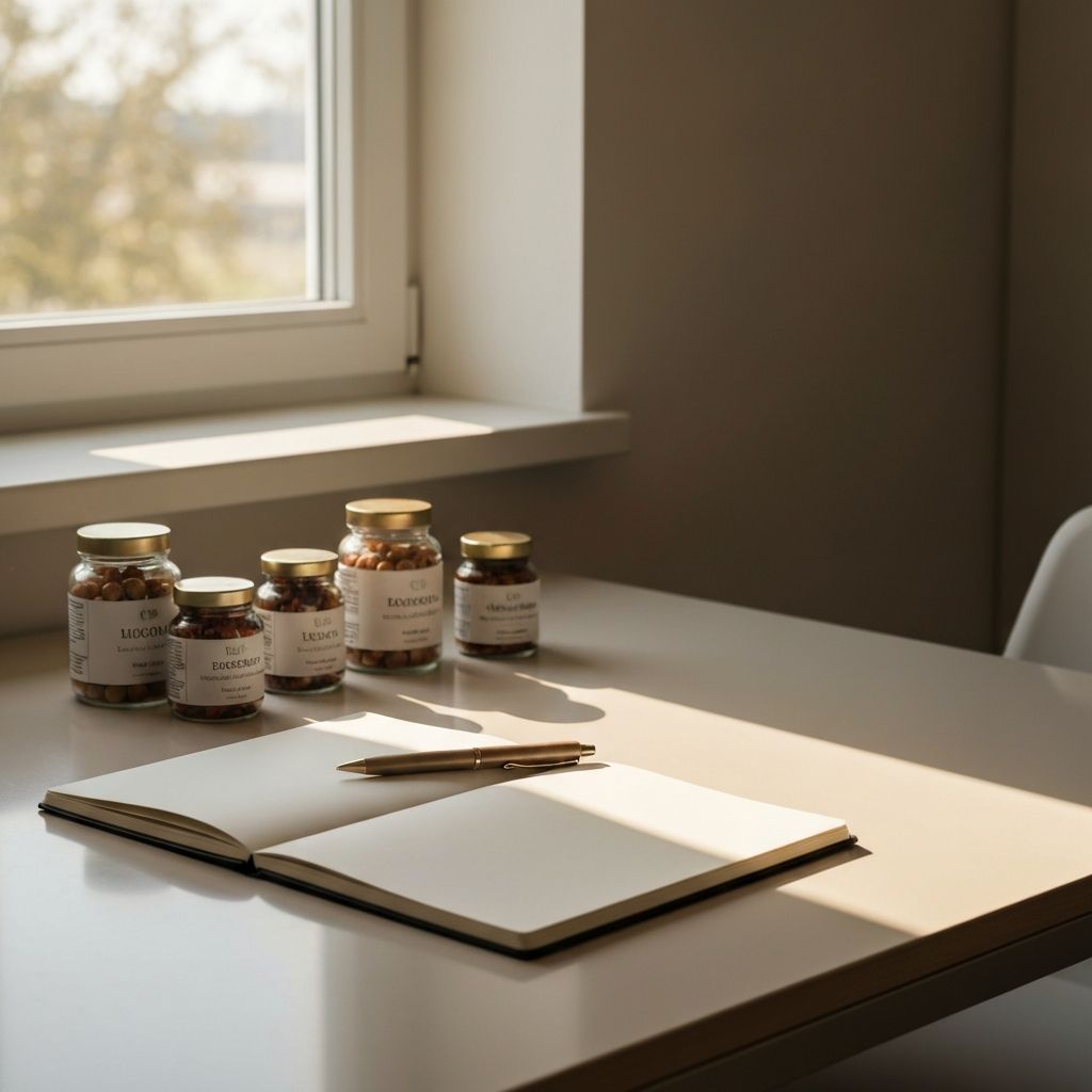 Büroschreibtisch mit Notizbuch, Stift und Supplement-Gläsern bei Fensterbeleuchtung