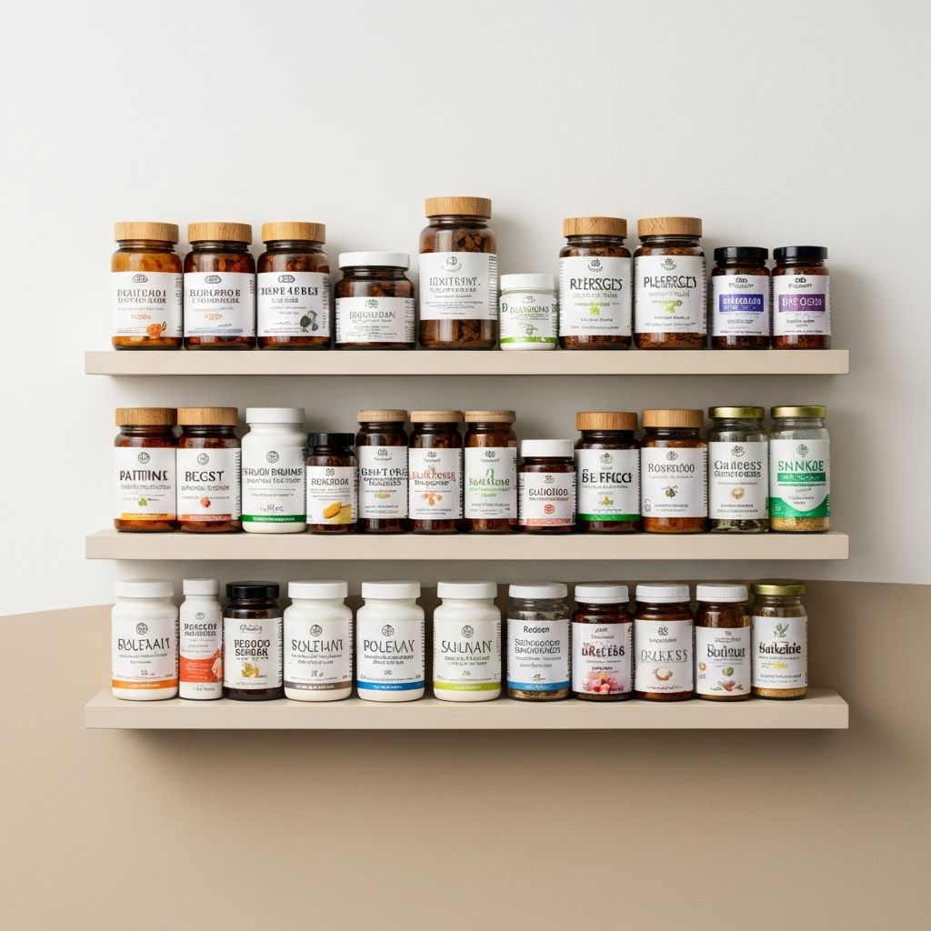 Regal mit verschiedenen Supplement-Gläsern und Etiketten